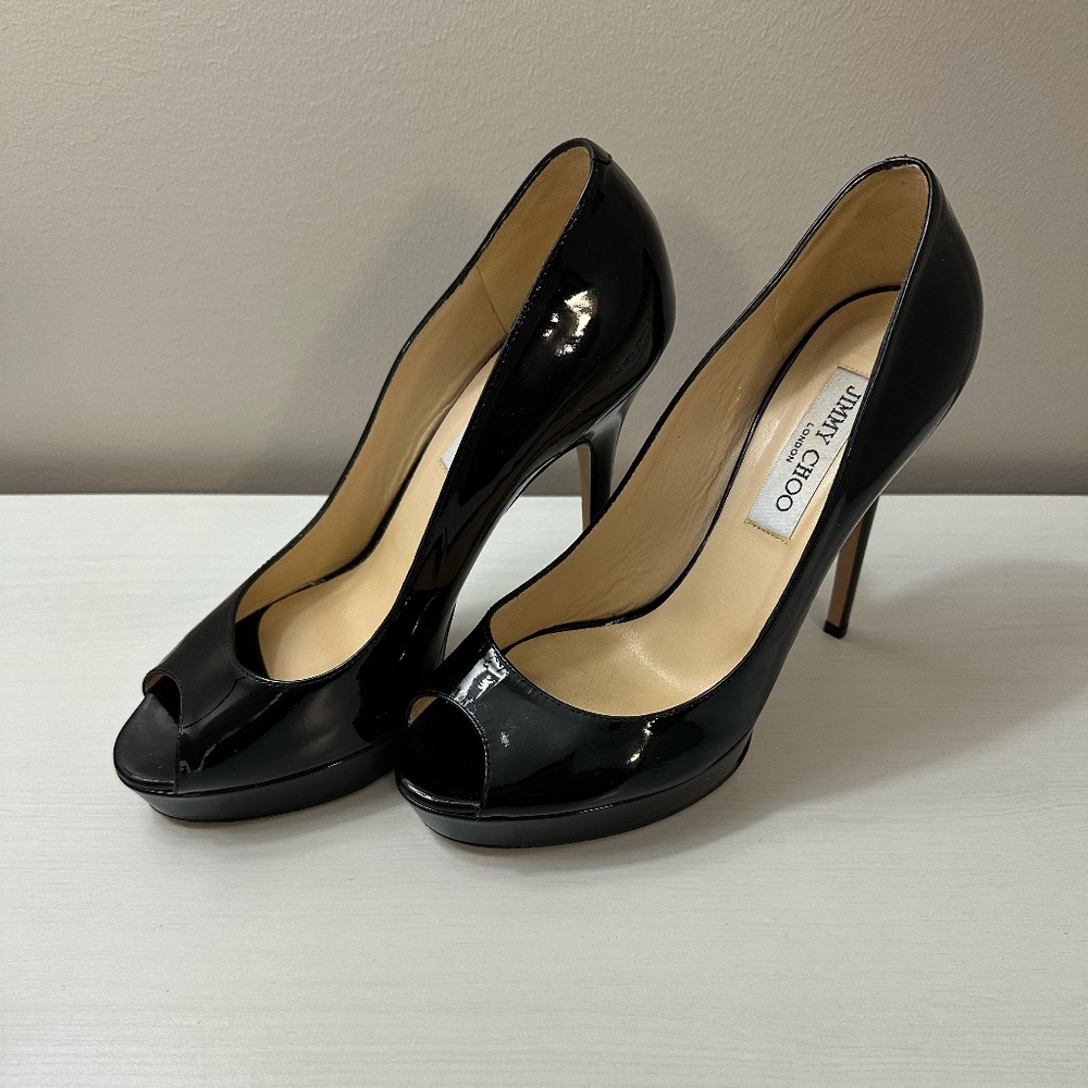 Jimmy Choo Black Patent Peep Toe Heels size 39 - Picture 3 of 9